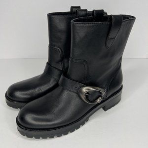 Coach Black Leather Combat Moto Boots with Gunmetal Buckle